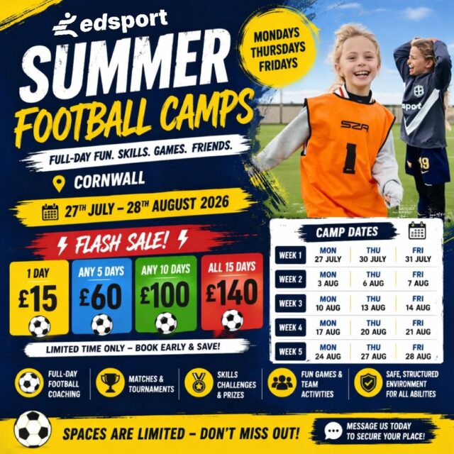 🔥 SUMMER MULTI-SPORT CAMPS – FLASH SALE LIVE! ⚽☀️
EdSport is back this summer with 5 weeks of full-day football / multi-sport camps in Cornwall — packed with games, coaching, competitions and loads of fun!
📅 Mondays • Thursdays • Fridays
🗓️ 27th July – 28th August 2026
⏰ 9am - 3pm
⚽ What’s included:
• Full-day football coaching
• Matches & tournaments
• Skills challenges & prizes
• Fun games & team activities
• Safe, structured environment for all abilities
Games include football (including footgolf and football rounders), rounders, cricket, frisbee and racket sports 🙌
⸻
💥 FLASH SALE PRICING (LIMITED TIME ONLY):
💛 1 Day: £15
💙 Any 5 Days: £60
💚 Any 10 Days: £100
❤️ ALL 15 DAYS: £140
‼️ Siblings get 50% off 🙌
‼️‼️ Please be aware these prices will change at the end of the week 👎
‼️‼️‼️Please be aware there are very limited spaces available for each day 👎👎
⸻
This is your chance to give kids an unforgettable summer of football at an incredible price — but spaces will go fast!
Please complete the form below to book your space! This event will not be done on Spond due to the number of dates.
https://forms.gle/6guSibfTDYeq89hV9
Any issues please don’t hesitate to ask ♥️
#newquay #cornwall #kidsclubs #whatsoncornwall newquayevent